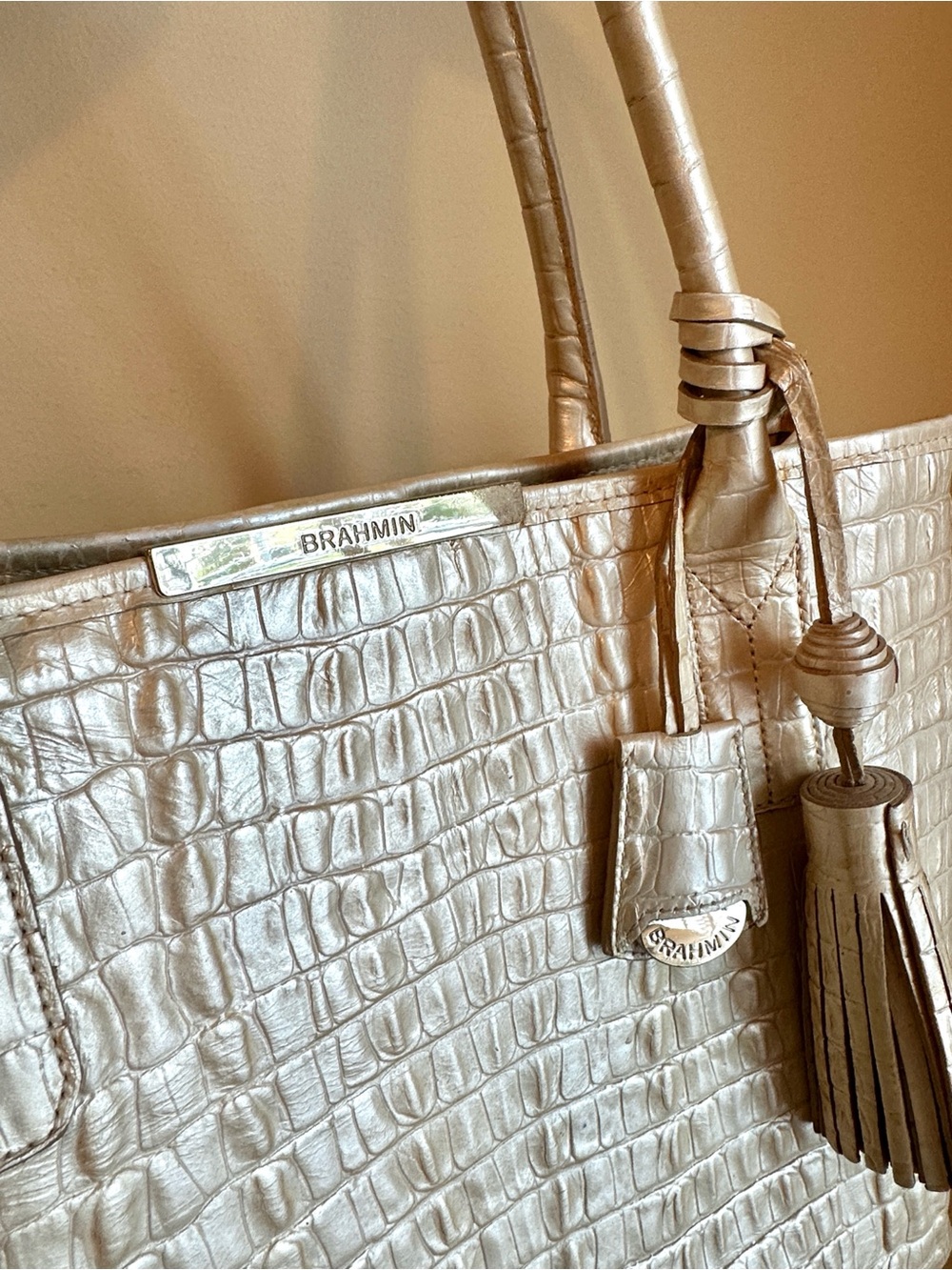 Brahmin Metallic Champagne Croc-Embossed Tote - Picture 3 of 4